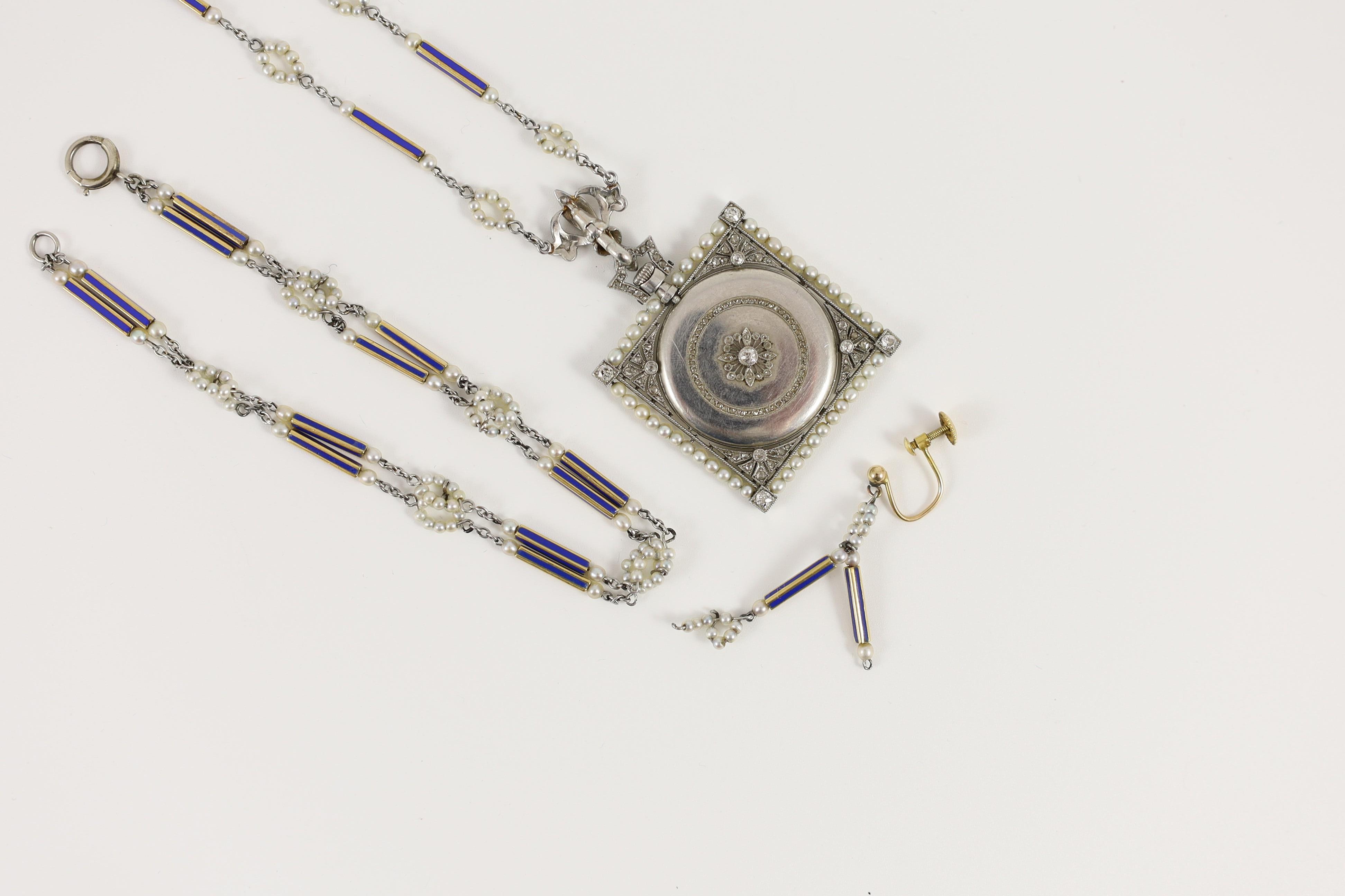 An early 20th century Tiffany & Co platinum, seed pearl and diamond set pendant square open faced dress timepiece, on a platinum, gold, enamel and seed pearl set chain, together with a matching 9ct bracelet and 9ct earri